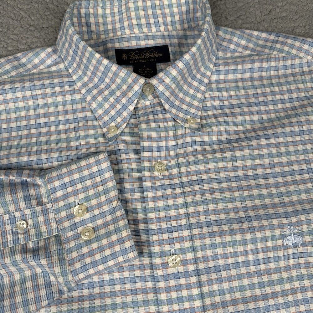 Brooks Brothers Shirt Mens Large Blue Check Supima Cotton Non Iron Button Down